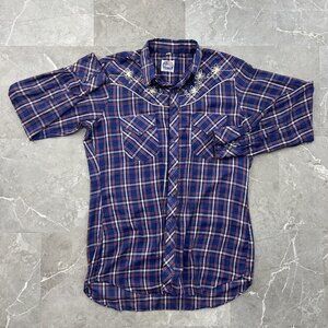 70s Vintage Miller Western Wear Shirt Mens 16.5 Plaid Pearl Snap Embroidered